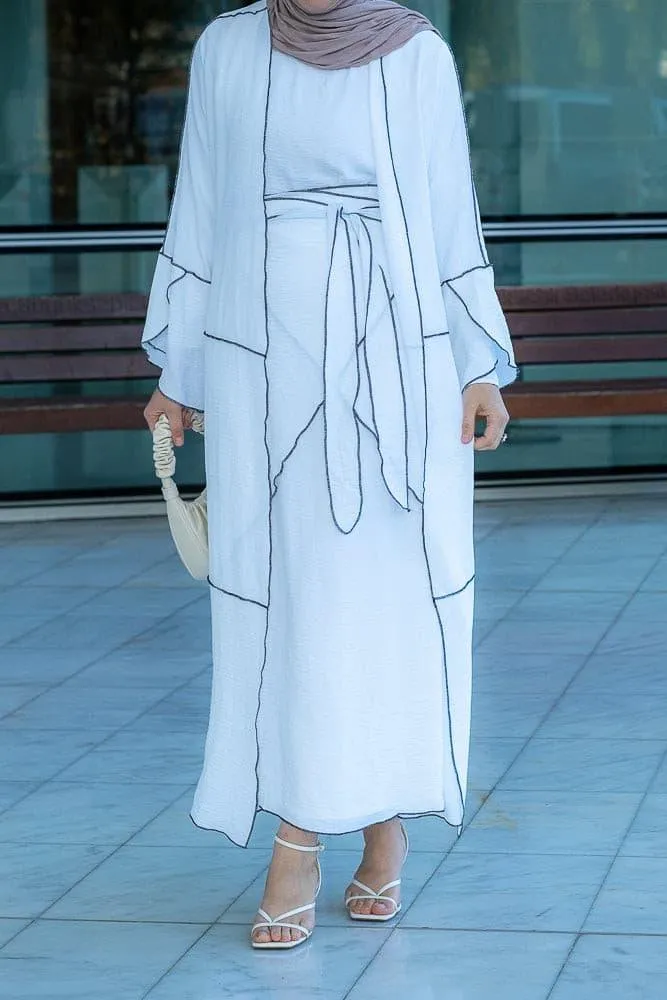 Noraa three piece maxi abaya in white with contrast black piping