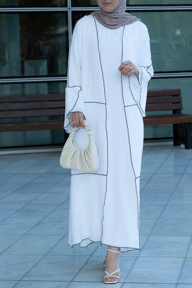 Noraa three piece maxi abaya in white with contrast black piping