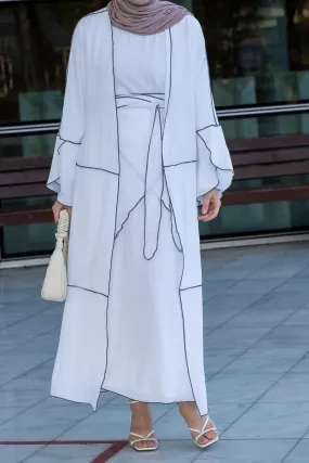 Noraa three piece maxi abaya in white with contrast black piping