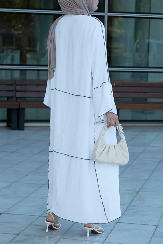 Noraa three piece maxi abaya in white with contrast black piping