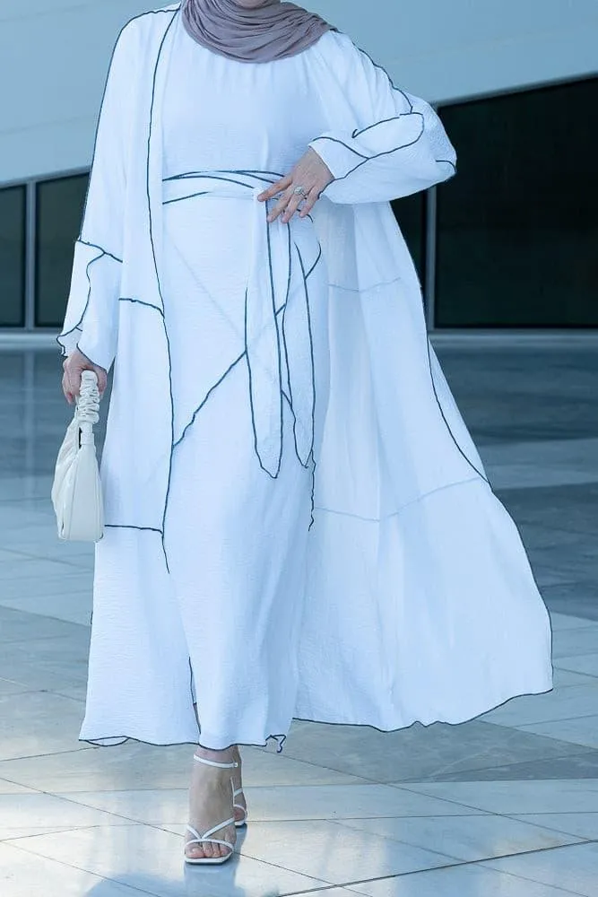 Noraa three piece maxi abaya in white with contrast black piping