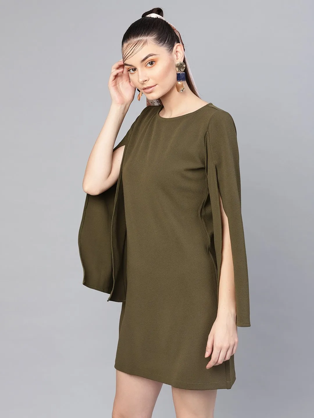 Olive Cape Sleeves Shift Dress