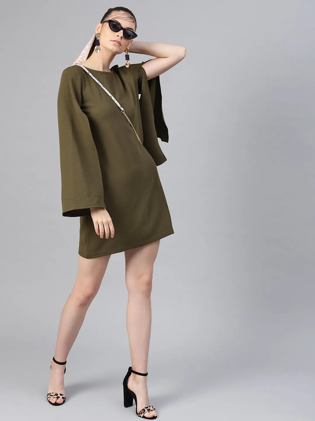 Olive Cape Sleeves Shift Dress