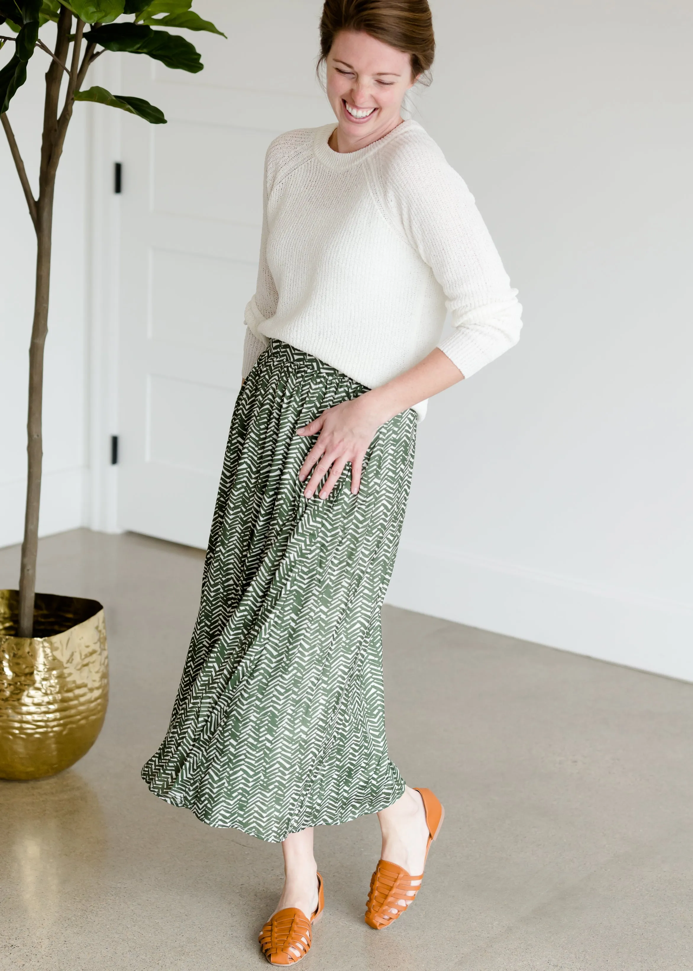 Olive Leaf Printed Midi Skirt