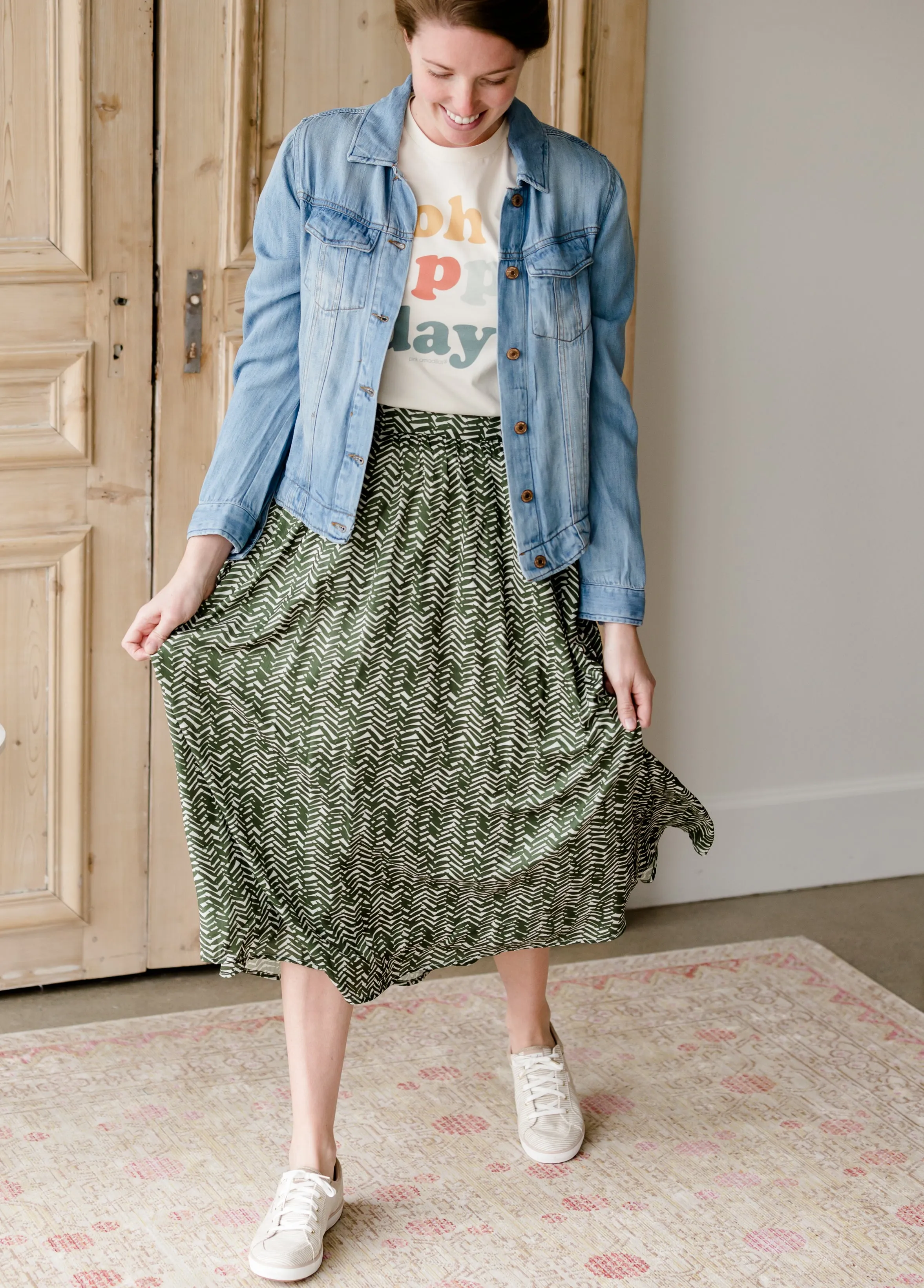 Olive Leaf Printed Midi Skirt