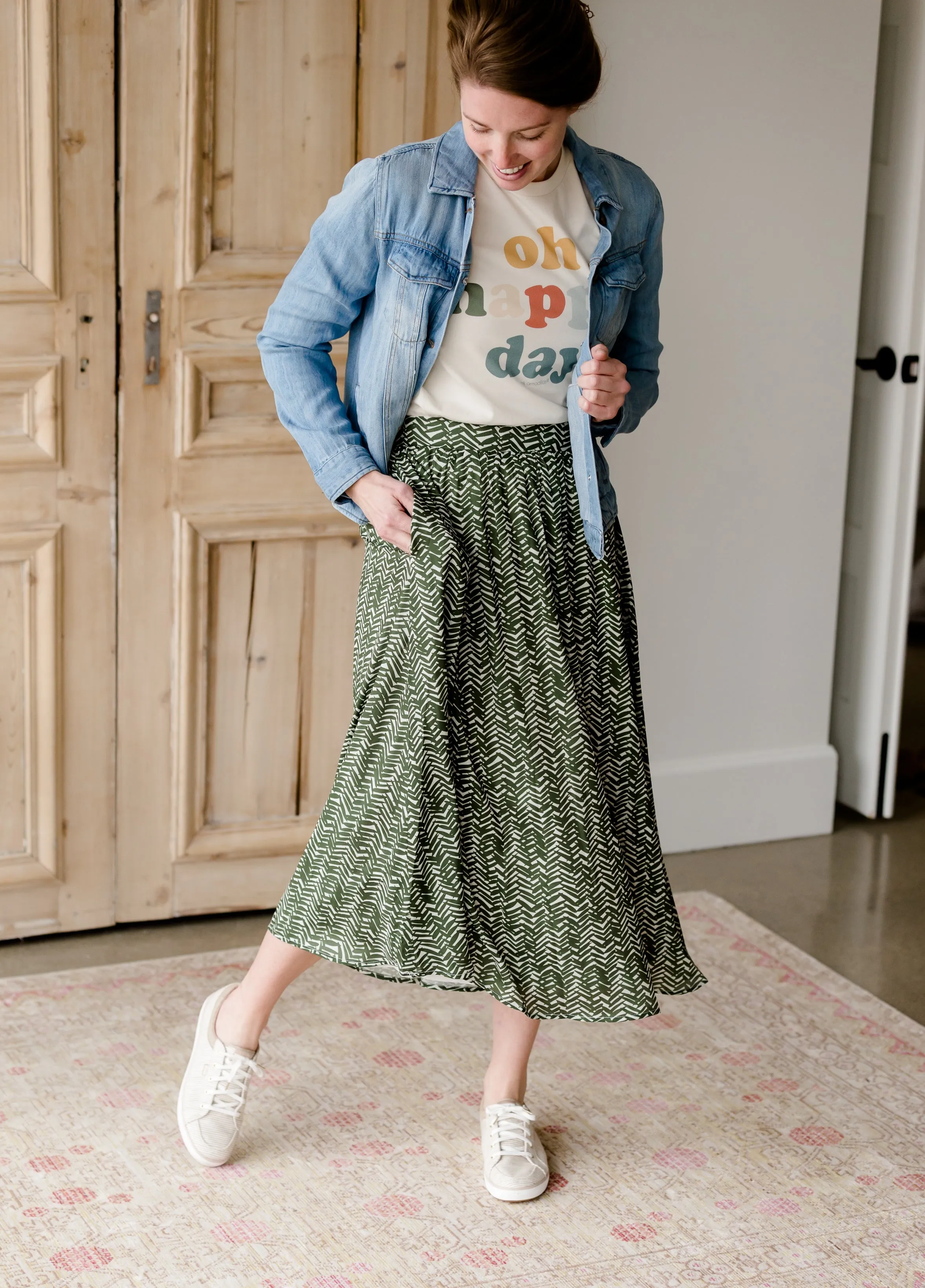 Olive Leaf Printed Midi Skirt