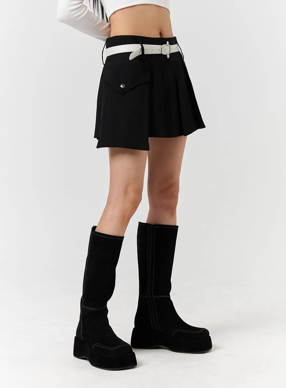 One-Pocket Solid Mid-Waist Pleated Mini Skirt CD322