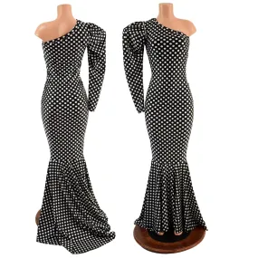 One Shoulder Victoria Sleeve Black and White Polka Dot Puddle Train Gown