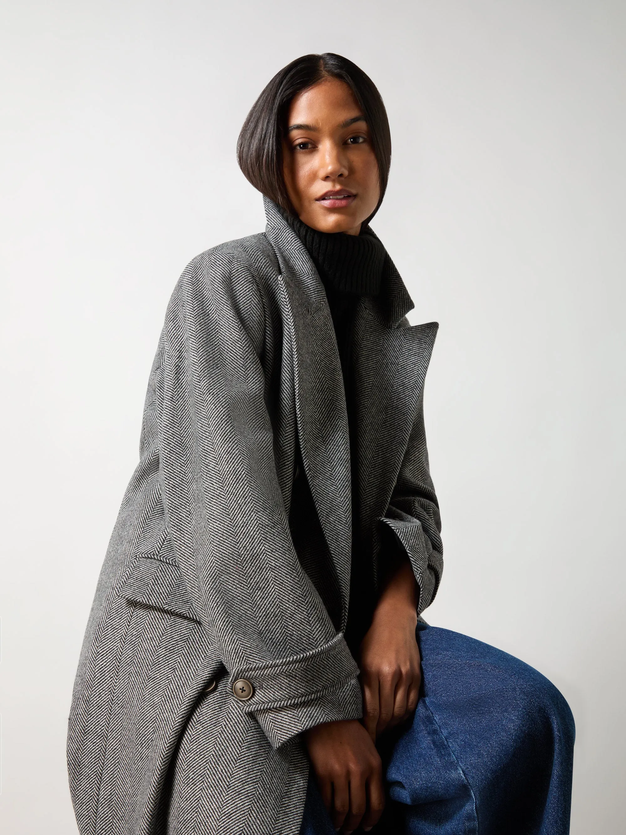 Oversized Herringbone Wool Blend Coat