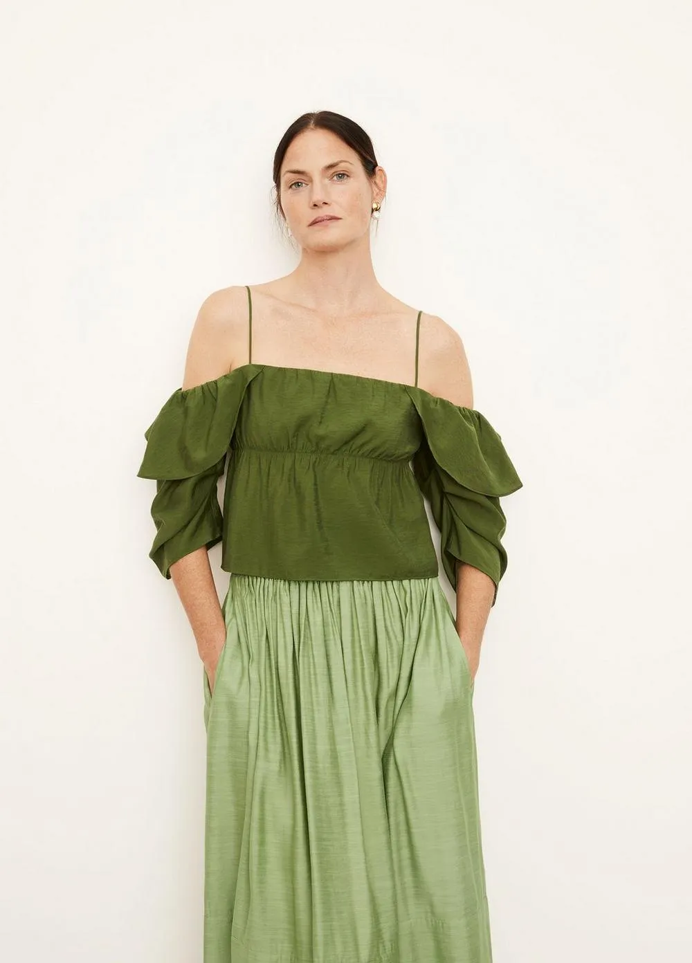 Paneled Long Sleeve Blouse in Herb