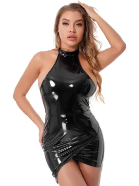 Patent Leather Backless Halter Bodycon Dress