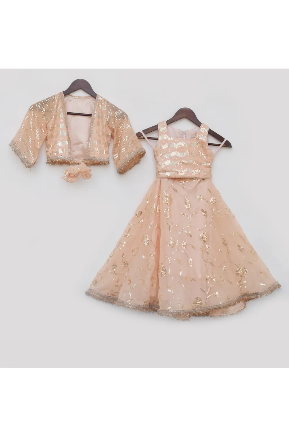 Peach Sequin Embroidered Top With Drape Skirt And Jacket Set