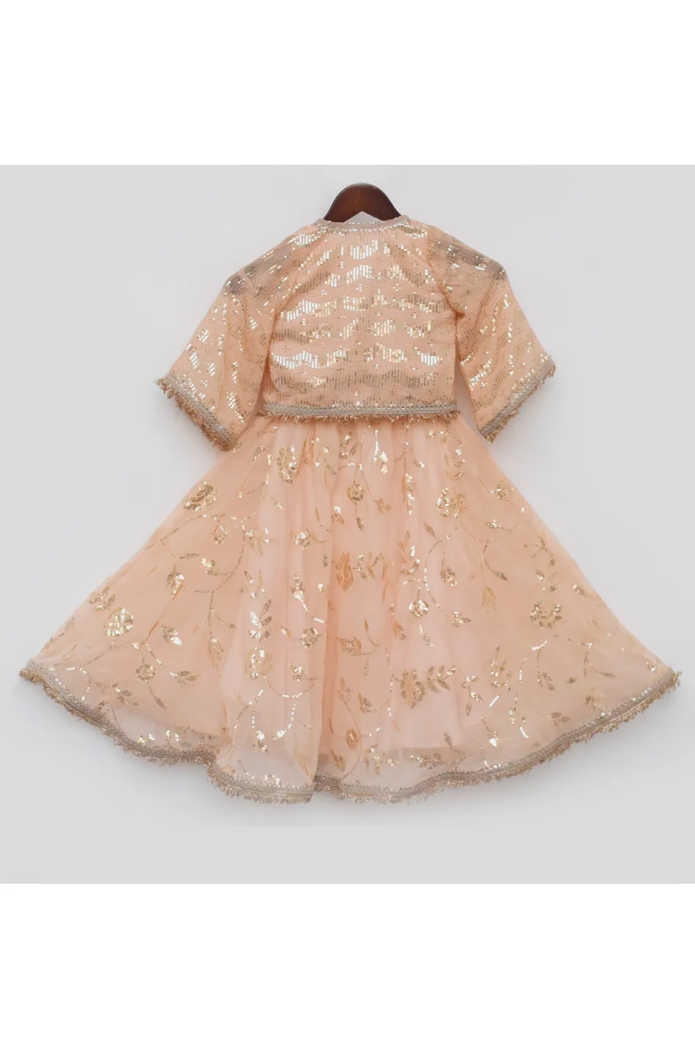 Peach Sequin Embroidered Top With Drape Skirt And Jacket Set