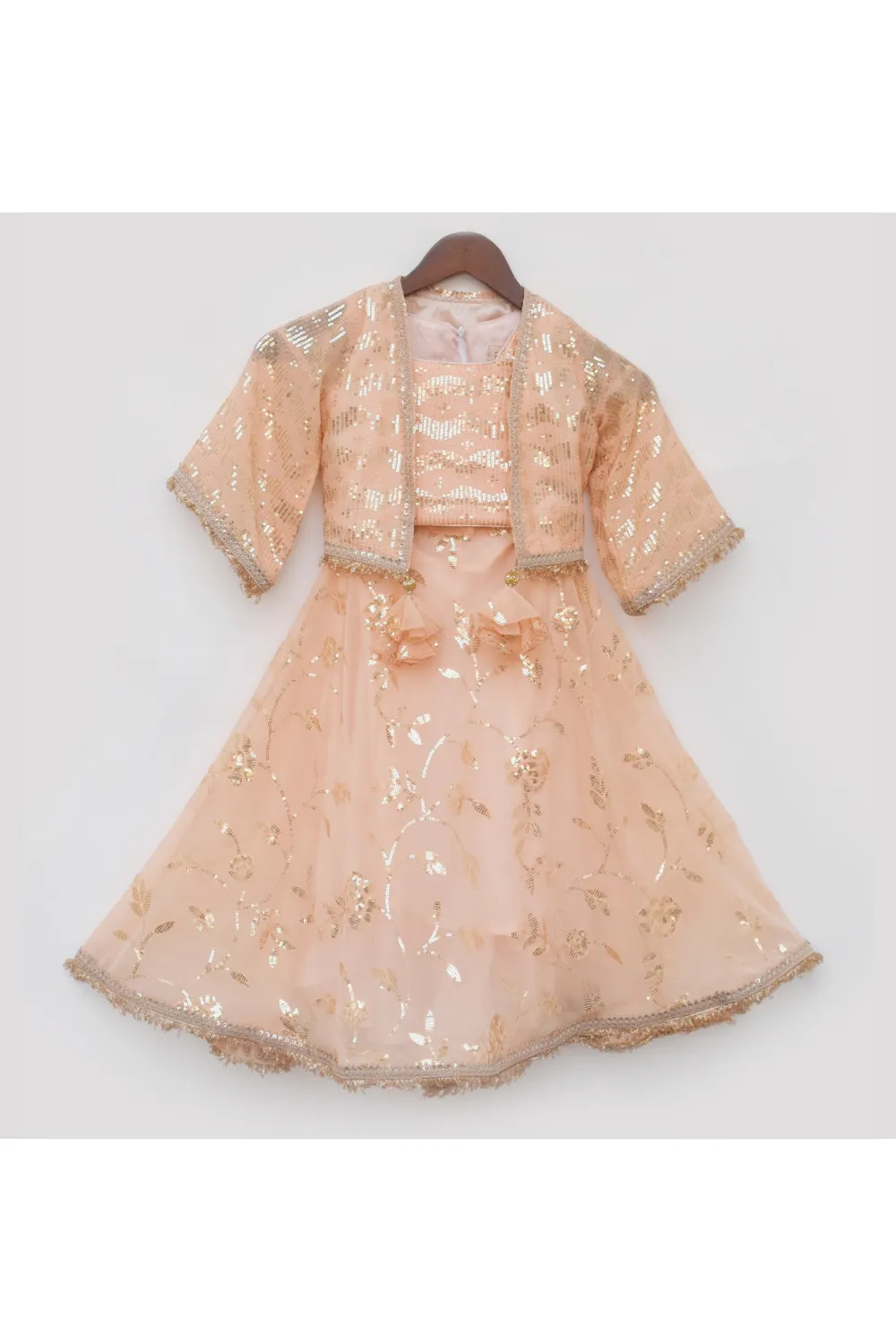 Peach Sequin Embroidered Top With Drape Skirt And Jacket Set