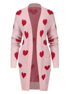 Pink 1930s Heart Long Knitted Cardigan