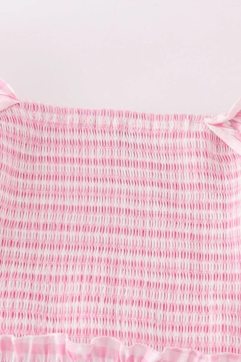 Pink gingham smocked women dress