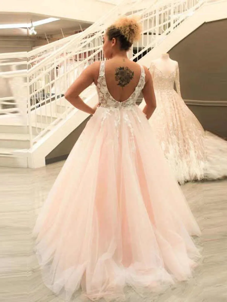 Pink V Neck Backless Lace Appliques Tulle Long Prom, V Neck Pink Lace Ball Gown, Pink Formal, Pink Lace Evening