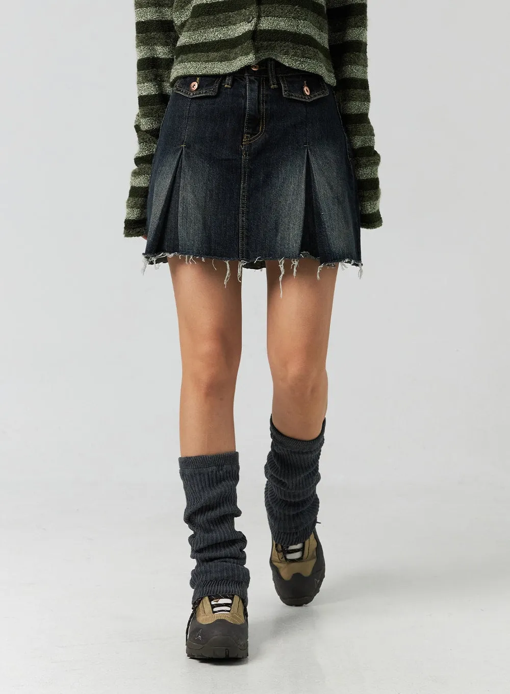 Pleated Raw-Hem Denim Mini Skirt CO323