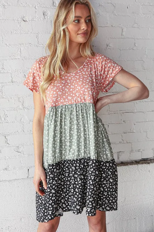 PLUS V NECK DITSY FLORAL PRINT SWING KNIT DRESS