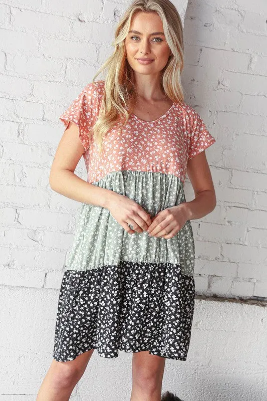 PLUS V NECK DITSY FLORAL PRINT SWING KNIT DRESS