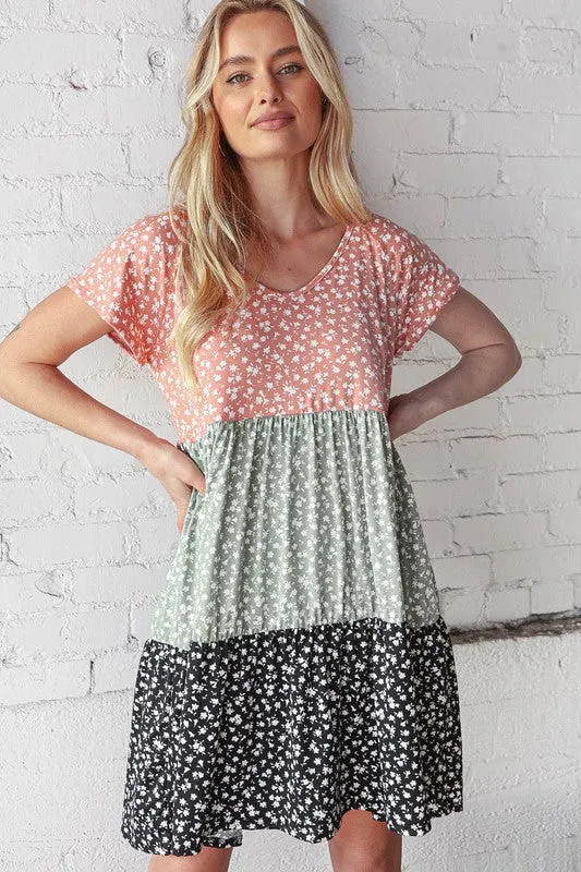 PLUS V NECK DITSY FLORAL PRINT SWING KNIT DRESS