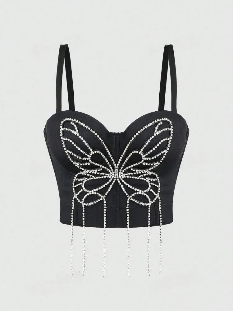 Pre Order:  3D Butterfly Rhinestone Hand Beaded Tassel Camisole