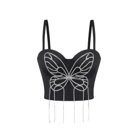 Pre Order:  3D Butterfly Rhinestone Hand Beaded Tassel Camisole