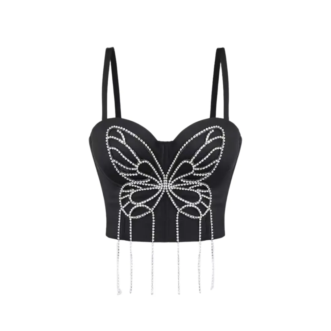 Pre Order:  3D Butterfly Rhinestone Hand Beaded Tassel Camisole