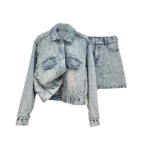 Pre Order:  Diamond Embellished Denim Jacket   High Waist A-Line Skirt Set