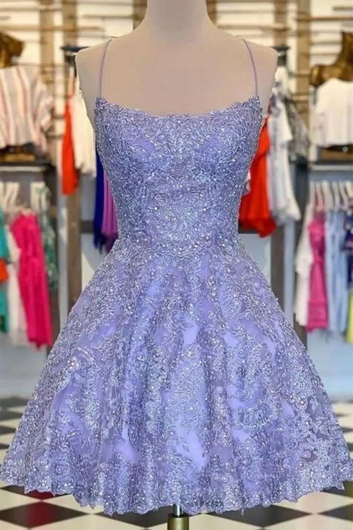 Princess Beaded Purple Lace Prom Dress, Short Purple Lace Homecoming Dress, Purple Formal Evening Dress A1651