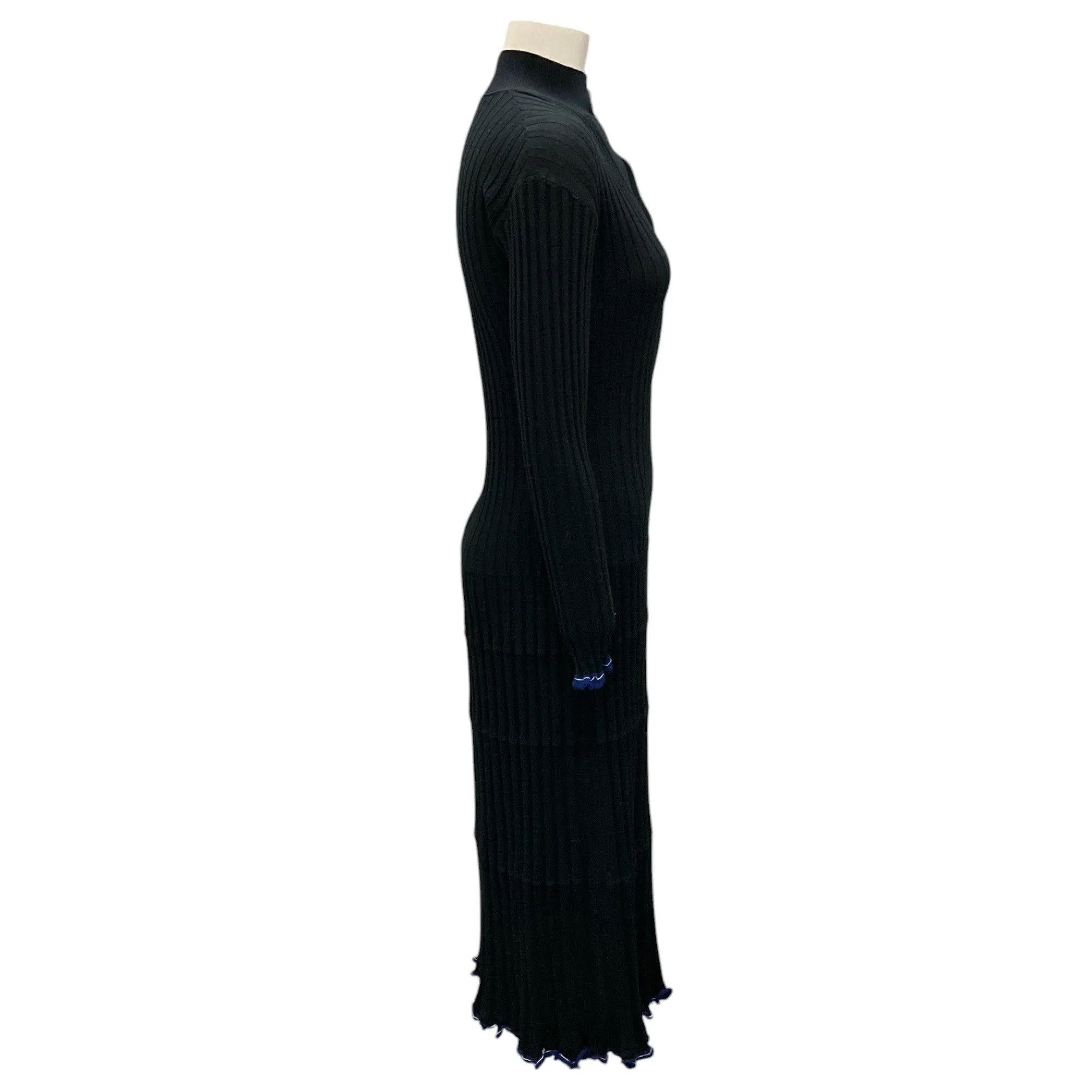 Proenza Schouler Black / Blue Pleated Ribbed Knit V-Neck Midi Dress