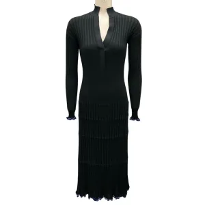 Proenza Schouler Black / Blue Pleated Ribbed Knit V-Neck Midi Dress