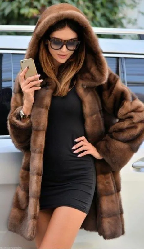 Real Full Mink Fur Hooded Coat