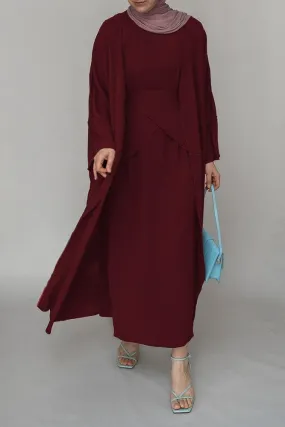 Red three piece maxi abaya with apron and inside out stitching