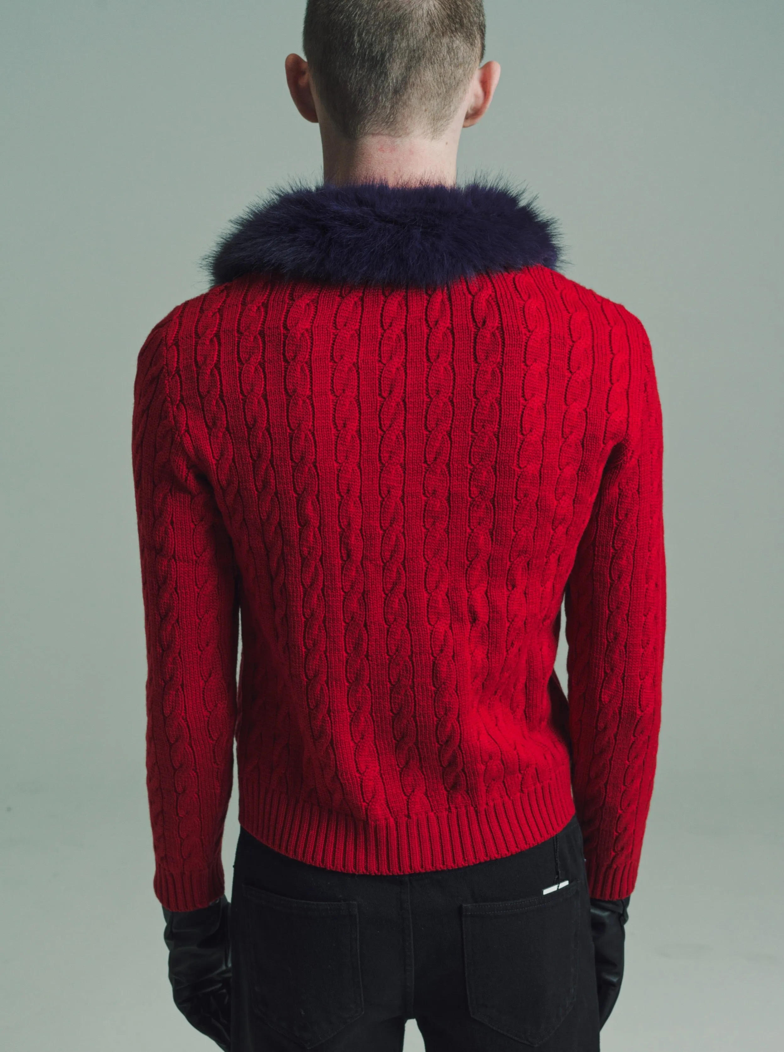 Red W/ Purple Collar Cable Knit Faux-Fur Collar Cardigan