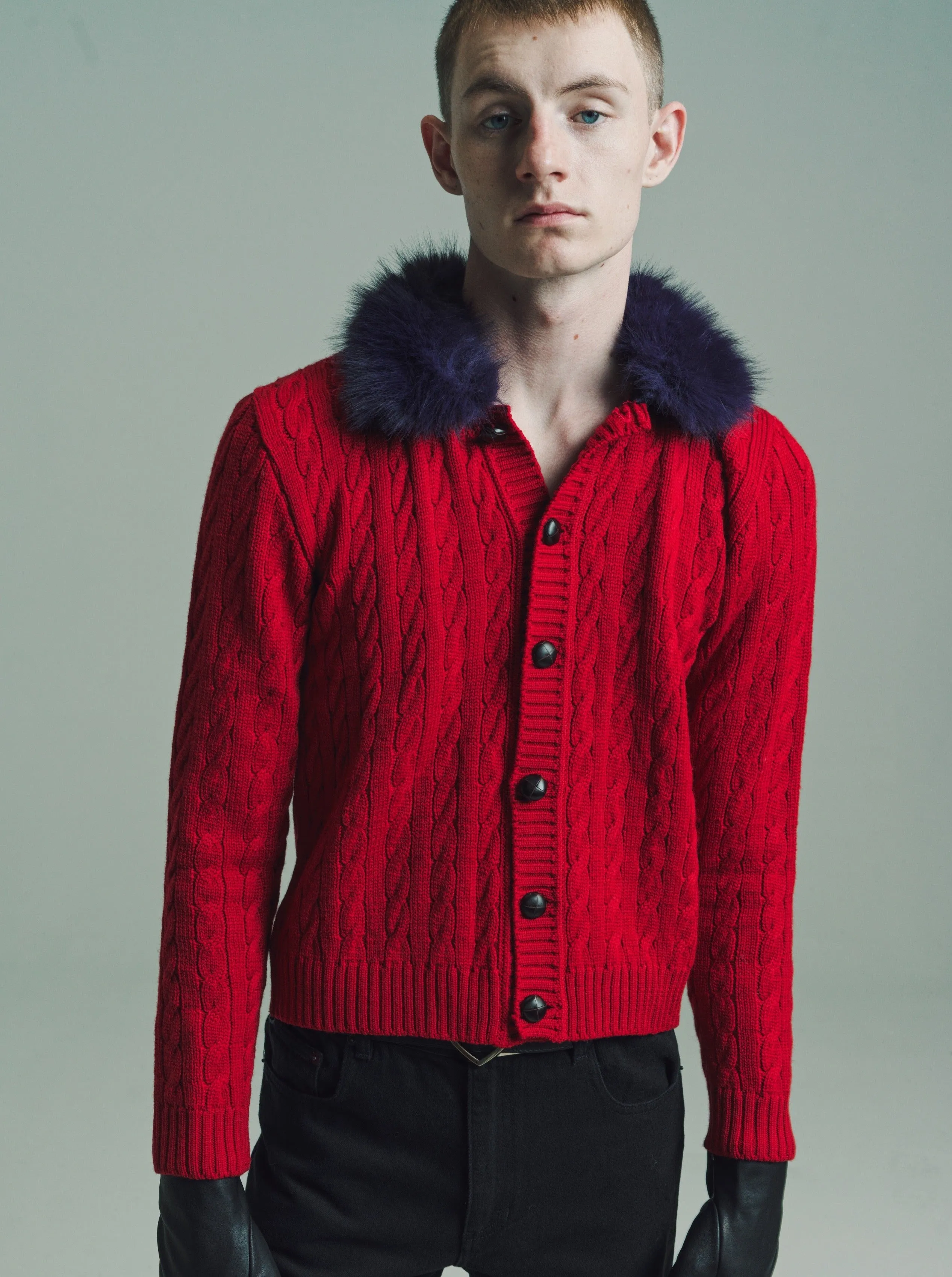 Red W/ Purple Collar Cable Knit Faux-Fur Collar Cardigan