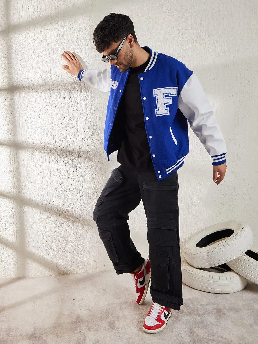 Royal Blue Fleece Faux Leather Sleeves Varsity Jacket