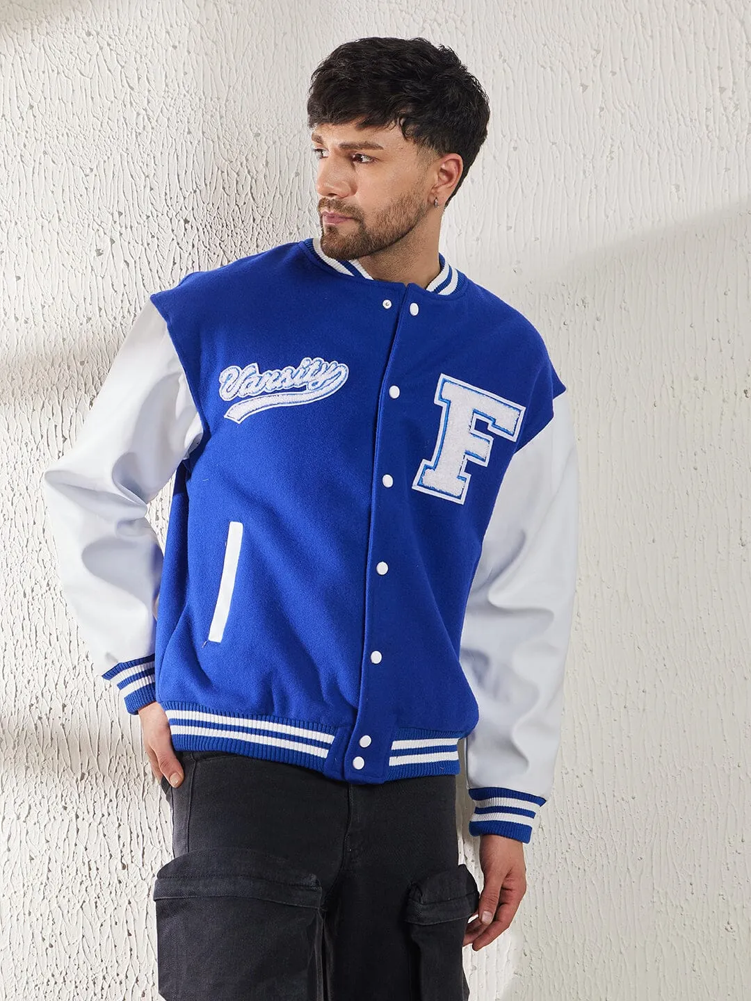 Royal Blue Fleece Faux Leather Sleeves Varsity Jacket