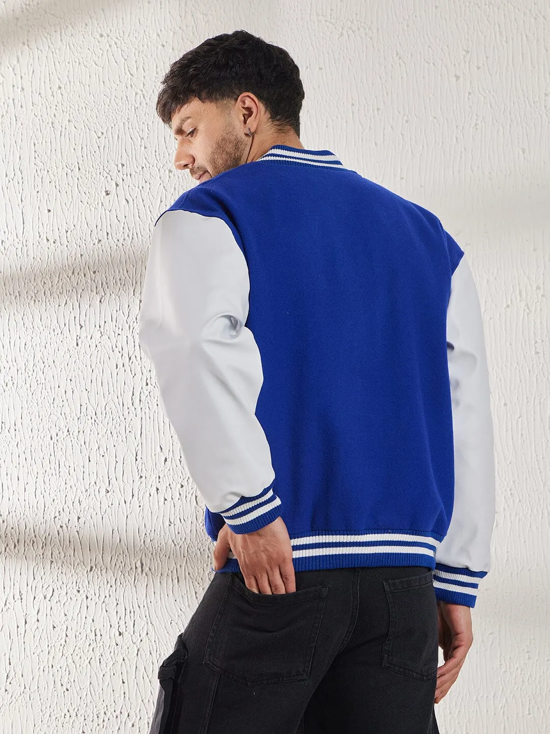 Royal Blue Fleece Faux Leather Sleeves Varsity Jacket