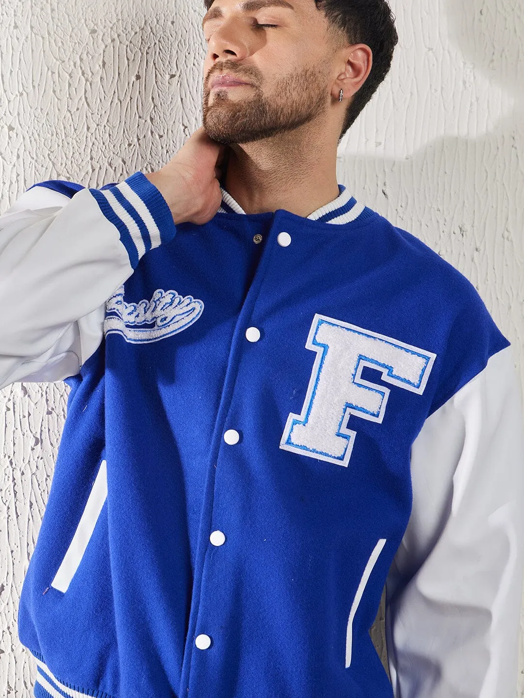 Royal Blue Fleece Faux Leather Sleeves Varsity Jacket