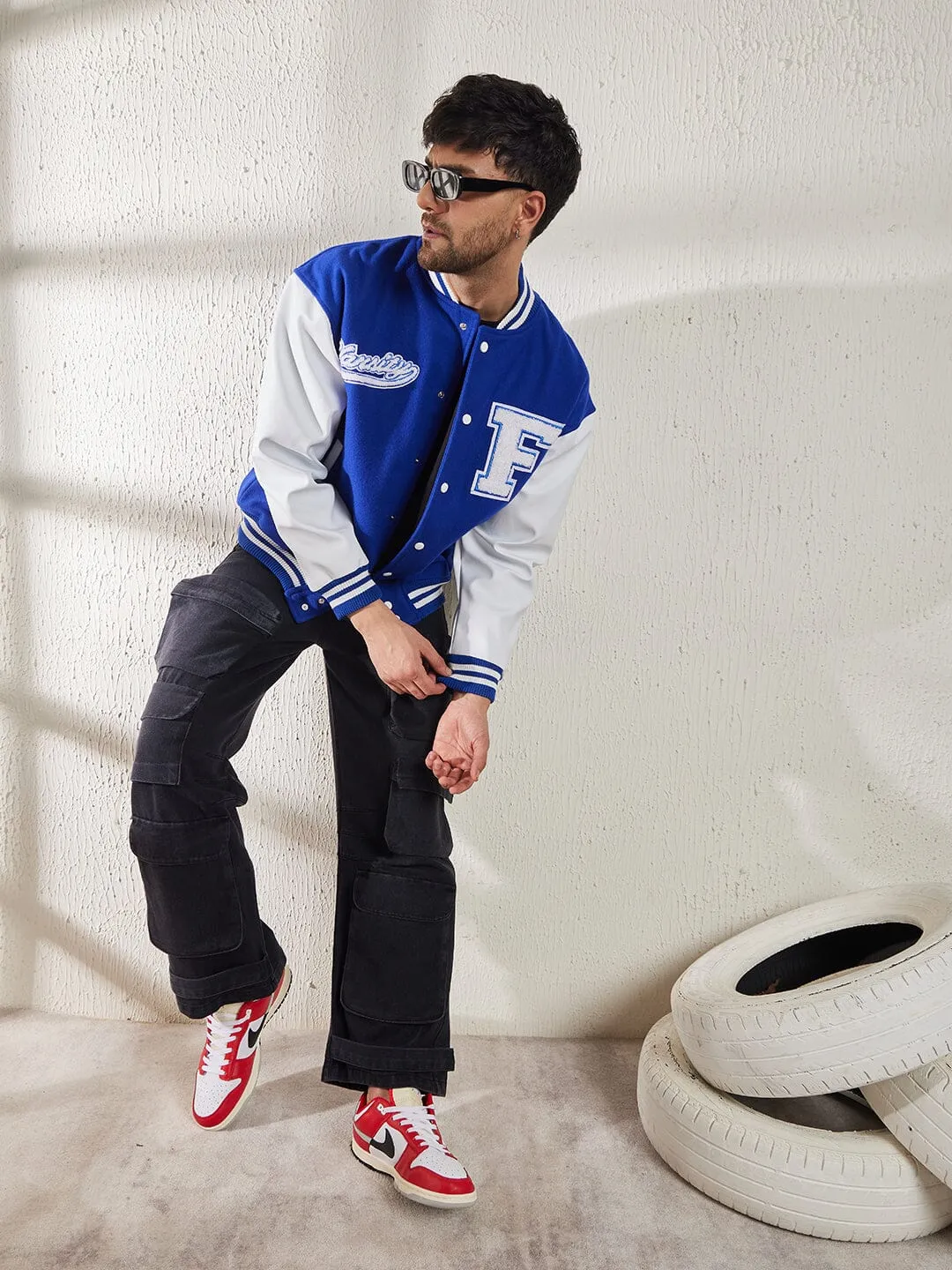 Royal Blue Fleece Faux Leather Sleeves Varsity Jacket