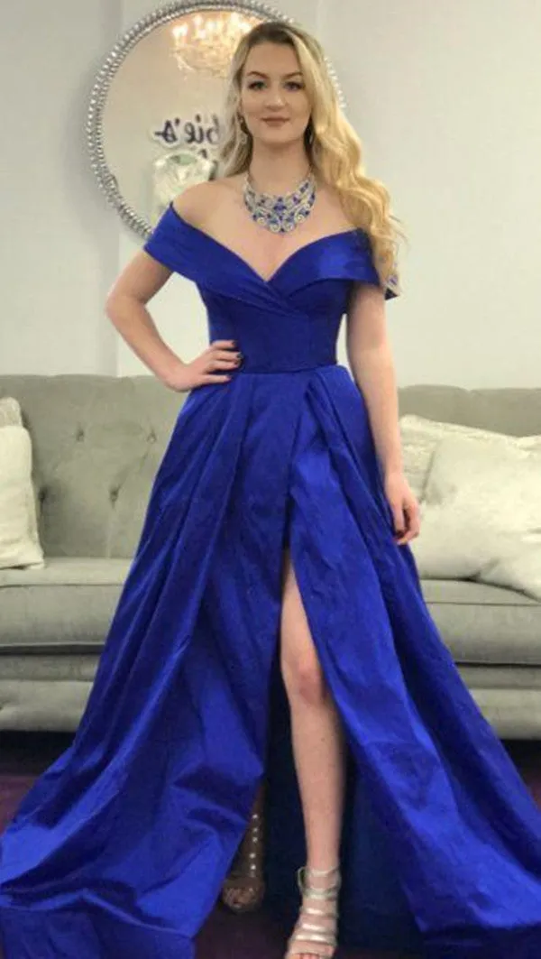 Royal Blue Off Shoulder Satin Long Prom with High Slit, Off Shoulder Royal Blue Formal, Royal Blue Evening