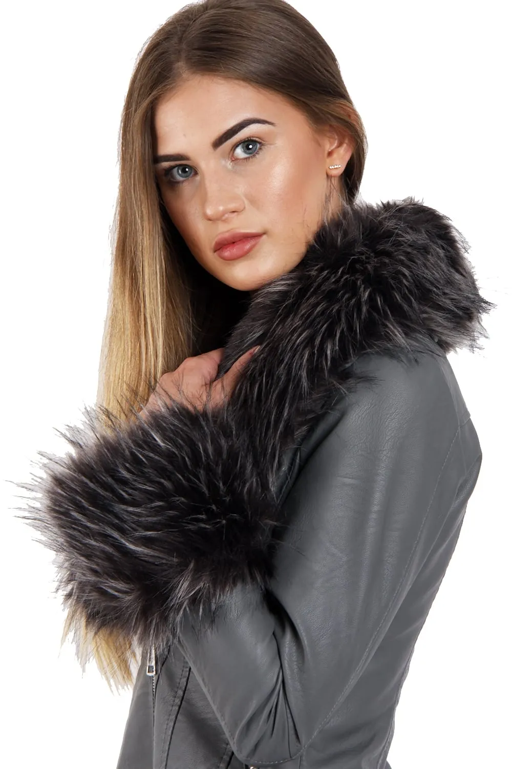 Short Faux Fur Trim Biker Leather Coat