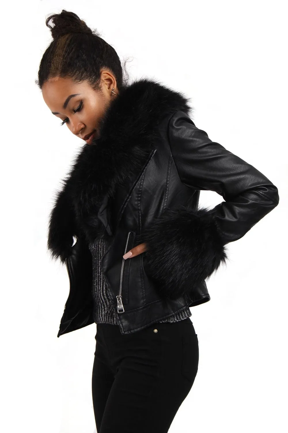 Short Faux Fur Trim Biker Leather Coat