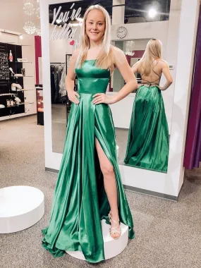 Simple Backless Green Long Prom with High Slit, Backless Green Formal, Green Evening