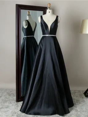 Simple V Neck Black Satin Long Prom Dresses with Belt, V Neck Black Formal Graduation Evening Dresses