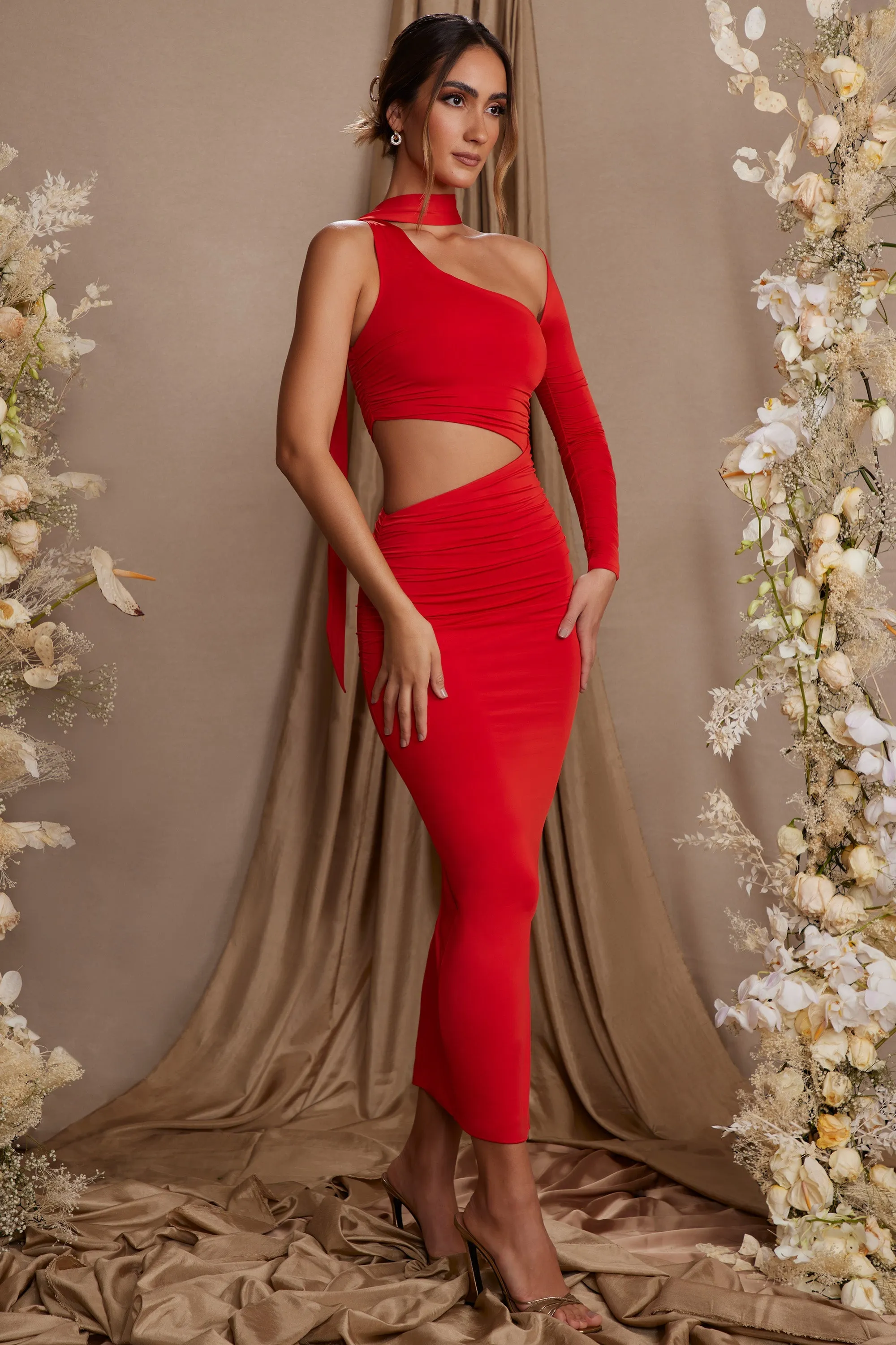 Single Sleeve Cut Out Maxi Dress in Red