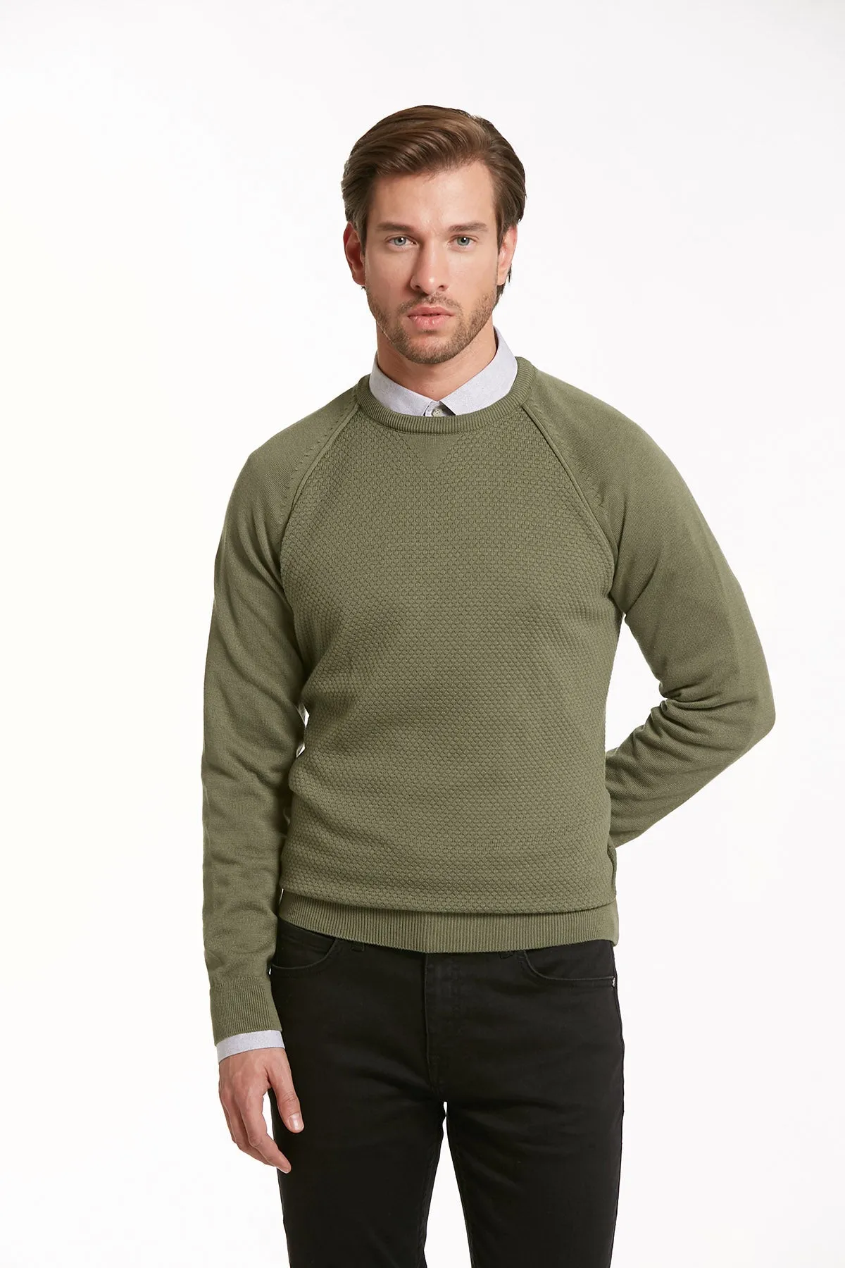 Slim Fit Seagrass Cotton Blend Crewneck Sweater