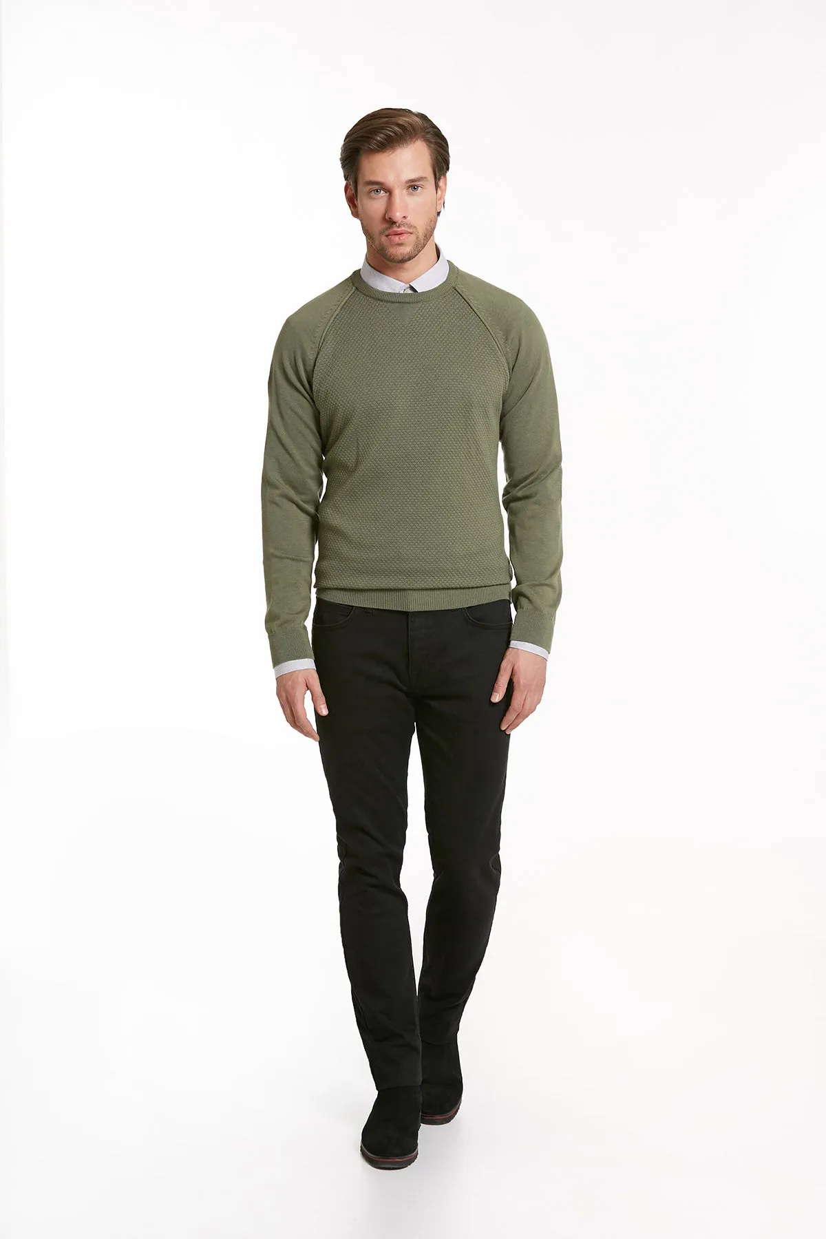 Slim Fit Seagrass Cotton Blend Crewneck Sweater