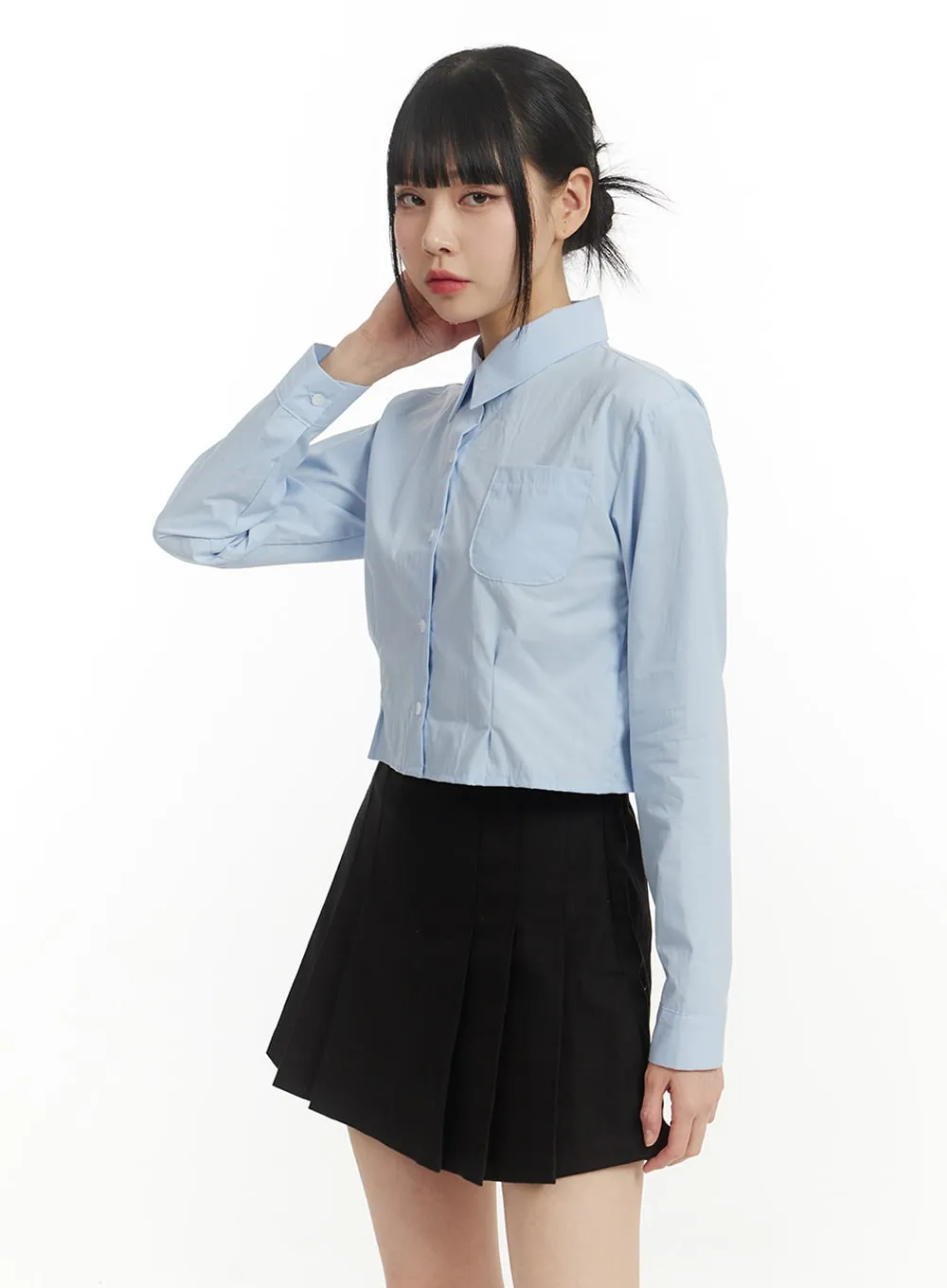 Solid Collar Cropped Long Sleeve Blouse IM406